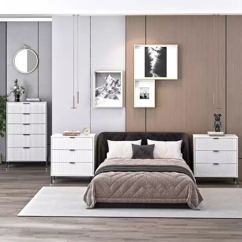 Comodini e Cassettiera Modern Elegance 3 pezzi con 3 cassetti e 5 cassetti