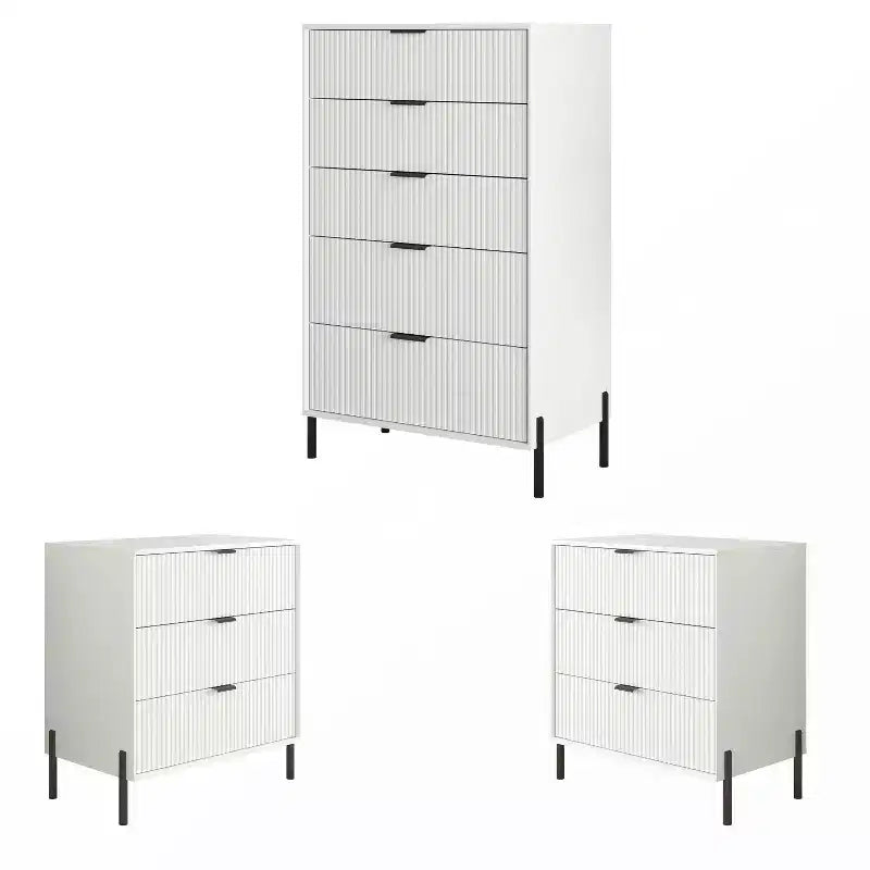 Comodini e Cassettiera Modern Elegance 3 pezzi con 3 cassetti e 5 cassetti