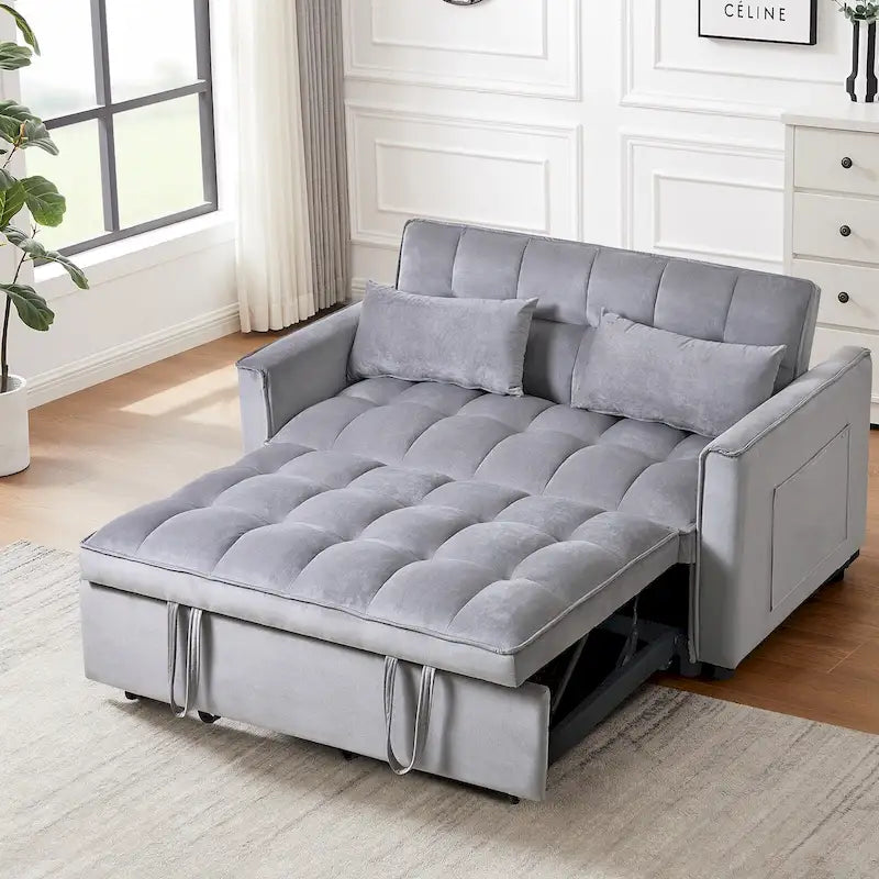 Sofá Biplaza Futón Moderno de Terciopelo con Respaldo Reclinable y Bolsillos, Capacidad para 2 Personas - Gris Oscuro / Gris Claro / Azul / Negro