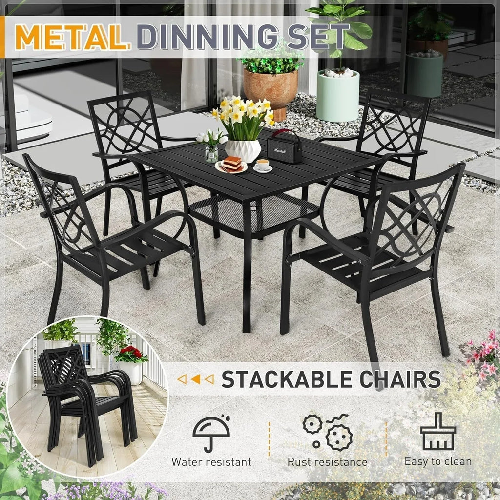Juegos de comedor de acero de 5/7 piezas para patio exterior SUNCROWN, mesa de metal con listones y sillas apilables con estructura con recubrimiento en polvo