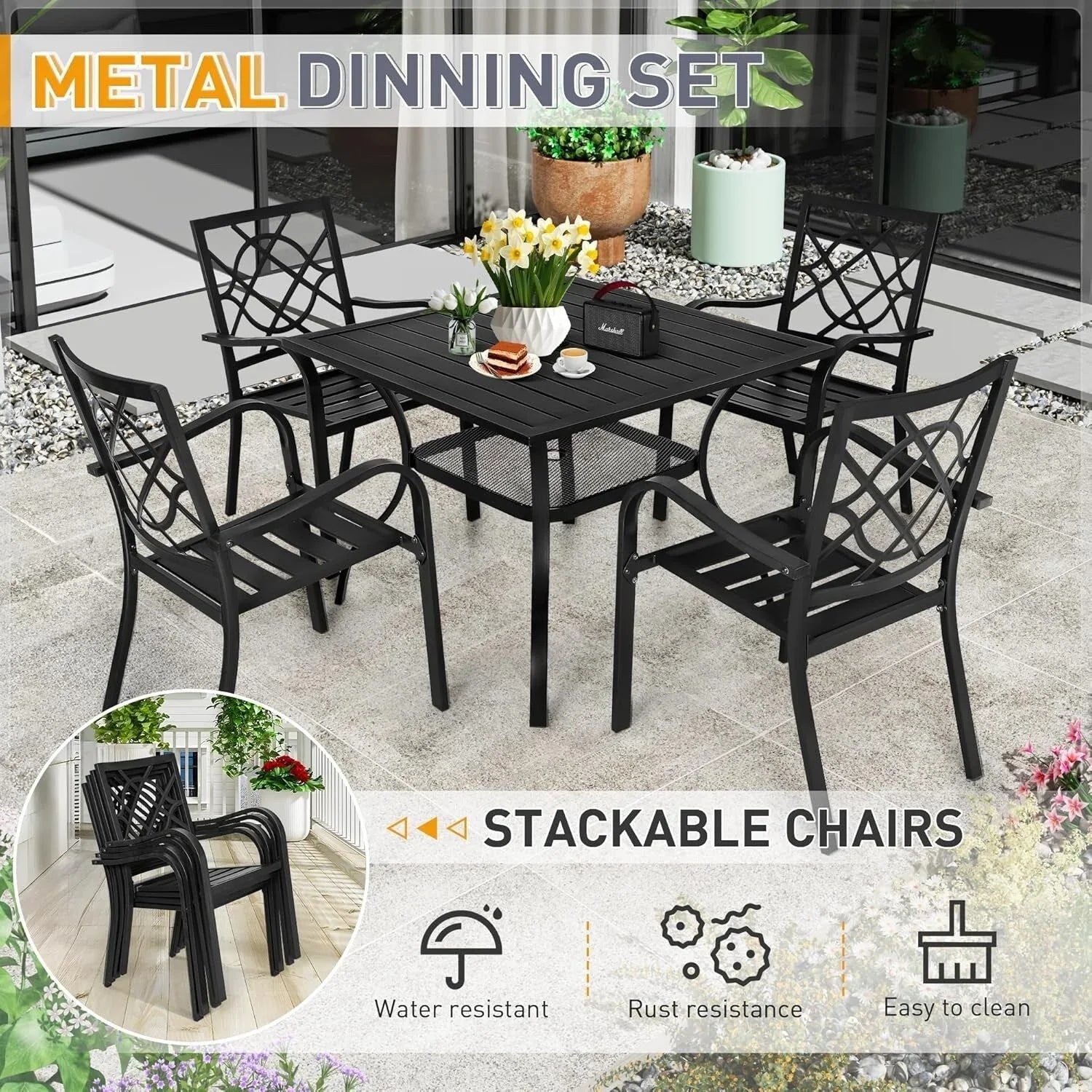 Juegos de comedor de acero de 5/7 piezas para patio exterior SUNCROWN, mesa de metal con listones y sillas apilables con estructura con recubrimiento en polvo