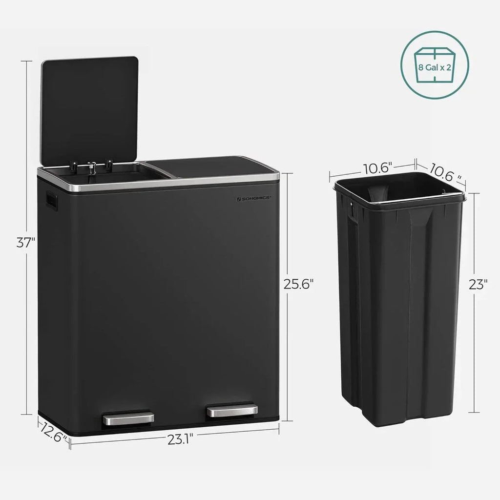 SONGMICS Bote de Basura Doble, 60L de Acero Inoxidable, Negro