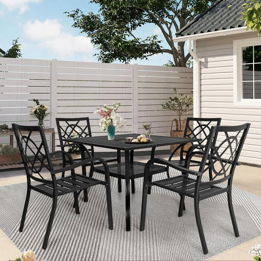 Juegos de comedor de acero de 5/7 piezas para patio exterior SUNCROWN, mesa de metal con listones y sillas apilables con estructura con recubrimiento en polvo