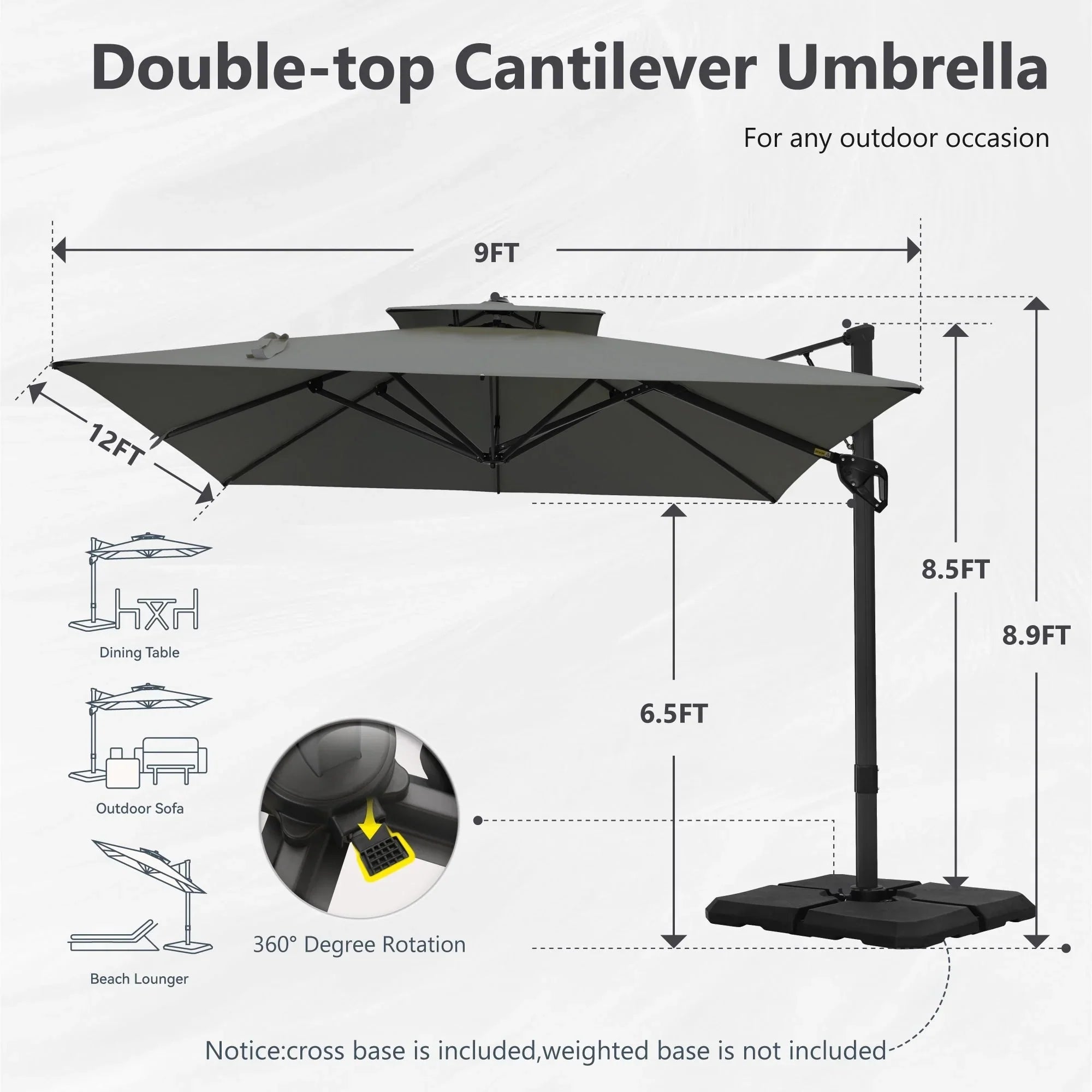 MAISON ARTS Sombrilla Cantilever Hidráulica Automática de 3.65 m, Poste de Aluminio con Rotación de 360 Grados