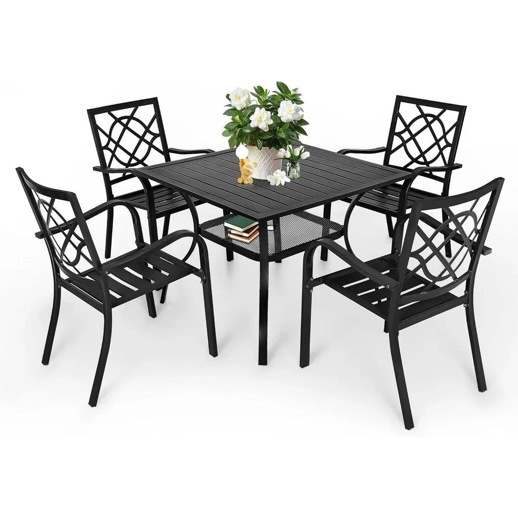 Juegos de comedor de acero de 5/7 piezas para patio exterior SUNCROWN, mesa de metal con listones y sillas apilables con estructura con recubrimiento en polvo