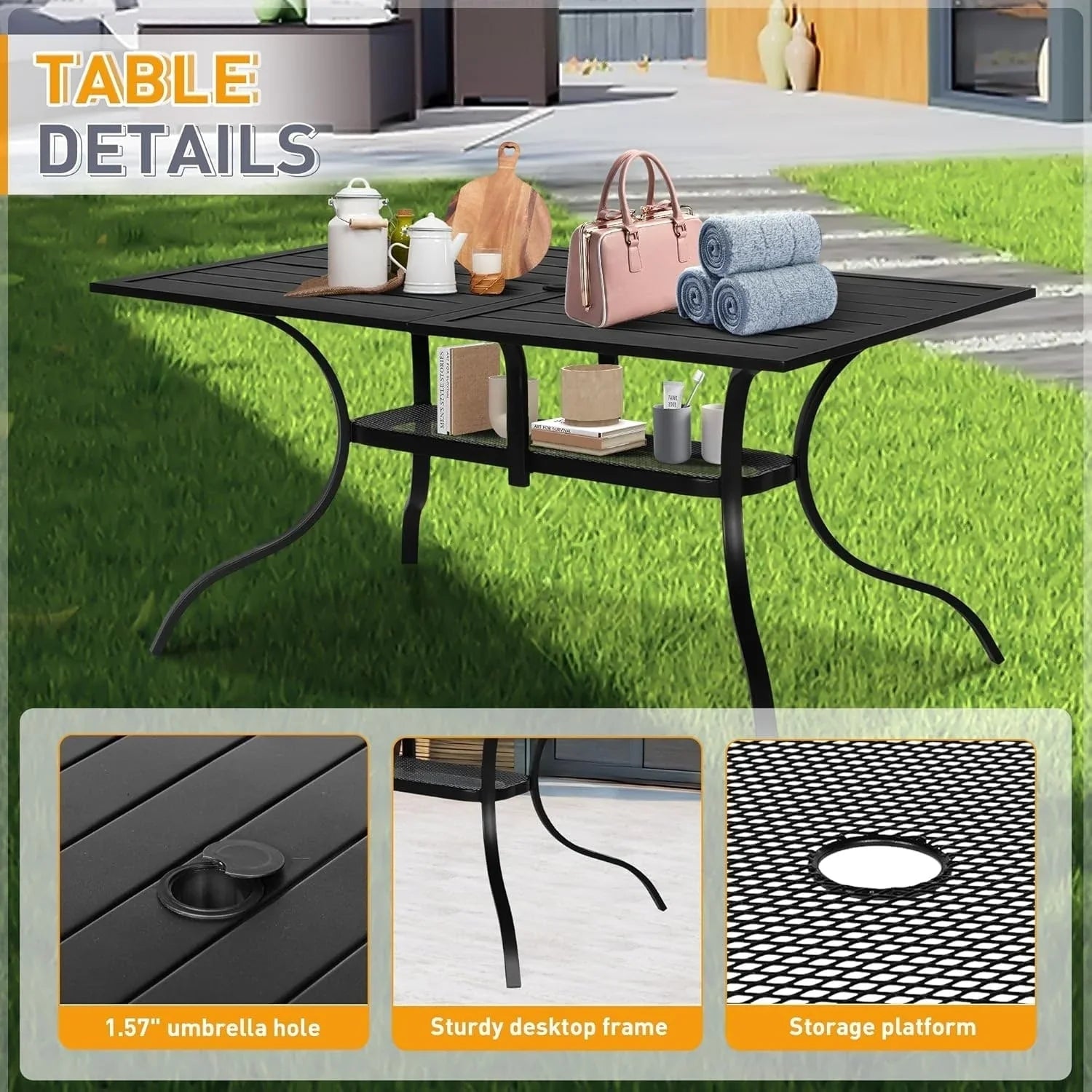 Juegos de comedor de acero de 5/7 piezas para patio exterior SUNCROWN, mesa de metal con listones y sillas apilables con estructura con recubrimiento en polvo