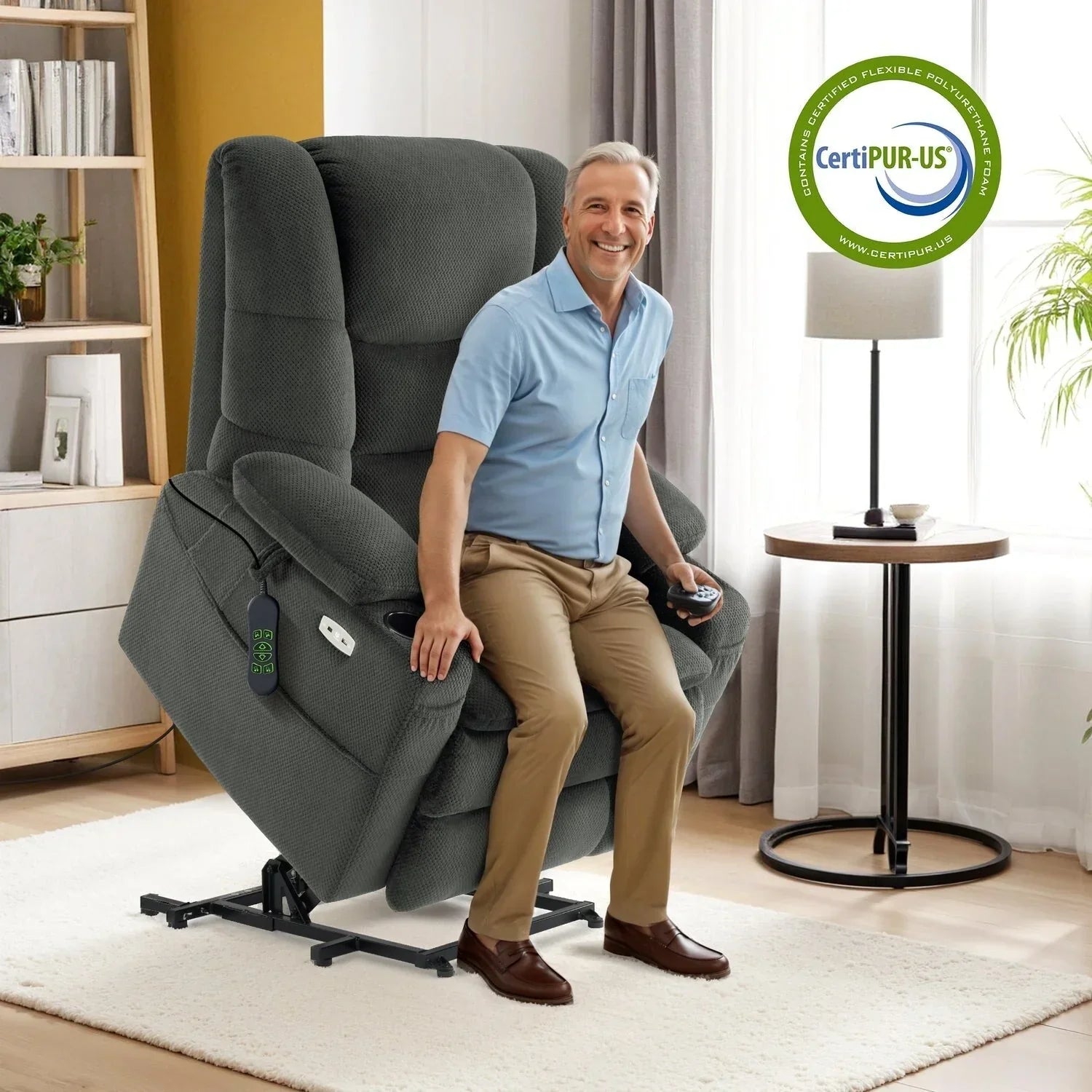 MCombo Sillón reclinable elevador eléctrico con motor dual ancho grande, masaje y doble calefacción para personas mayores altas y corpulentas, tela R7635