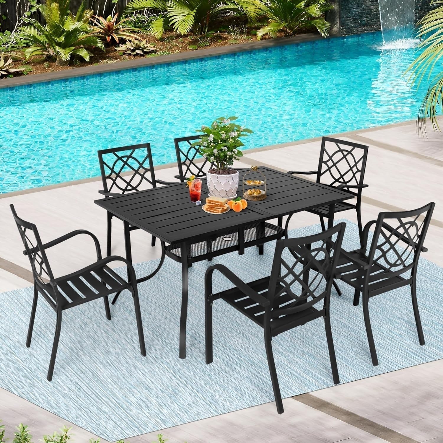 Juegos de comedor de acero de 5/7 piezas para patio exterior SUNCROWN, mesa de metal con listones y sillas apilables con estructura con recubrimiento en polvo