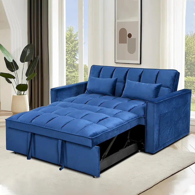 Sofá Biplaza Futón Moderno de Terciopelo con Respaldo Reclinable y Bolsillos, Capacidad para 2 Personas - Gris Oscuro / Gris Claro / Azul / Negro
