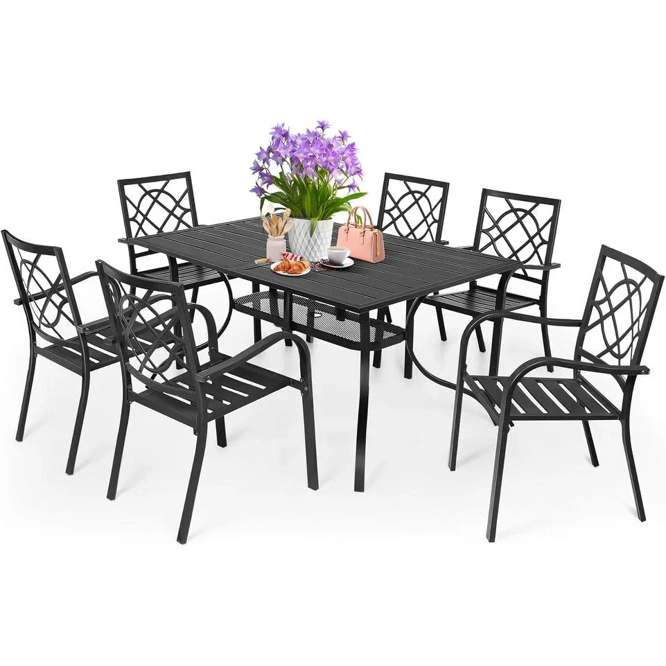 Juegos de comedor de acero de 5/7 piezas para patio exterior SUNCROWN, mesa de metal con listones y sillas apilables con estructura con recubrimiento en polvo