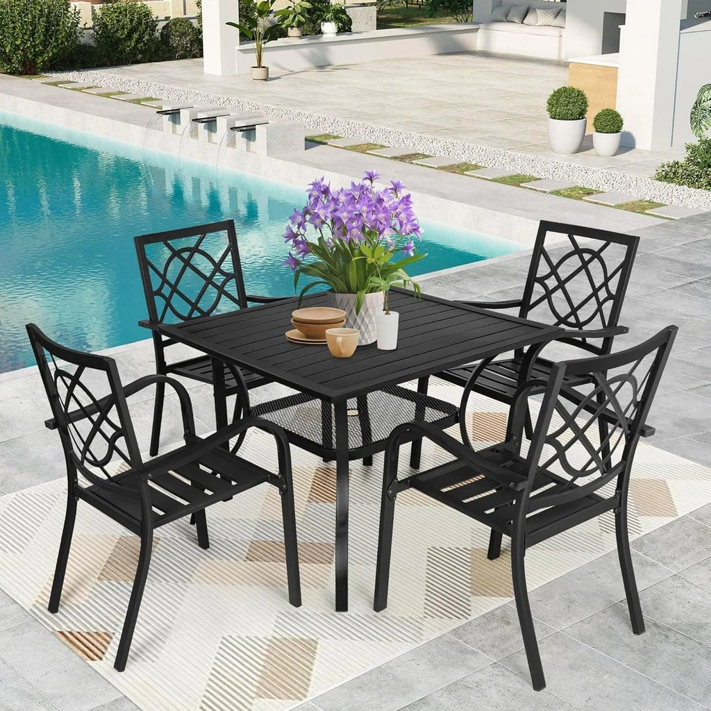 Juegos de comedor de acero de 5/7 piezas para patio exterior SUNCROWN, mesa de metal con listones y sillas apilables con estructura con recubrimiento en polvo