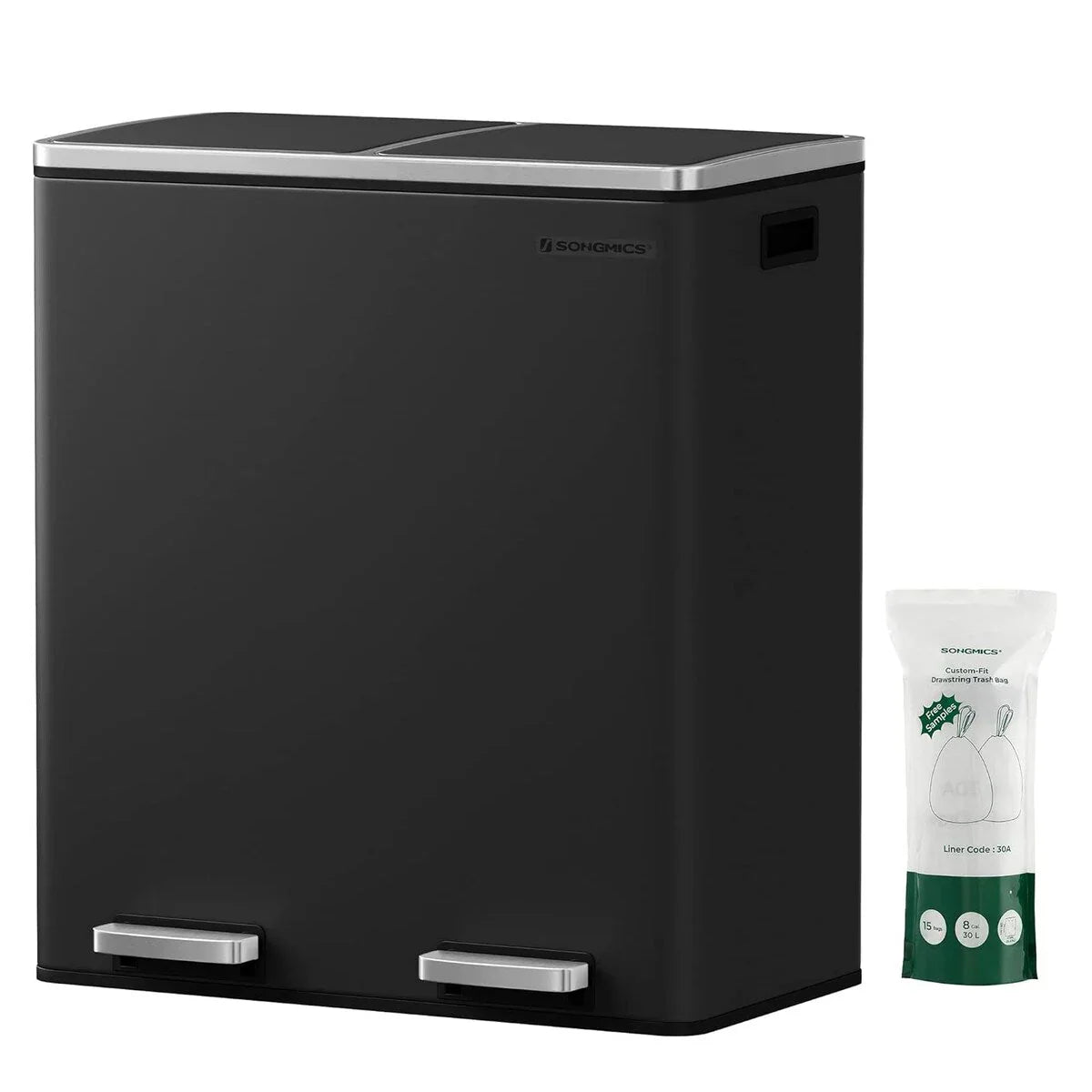 SONGMICS Bote de Basura Doble, 60L de Acero Inoxidable, Negro