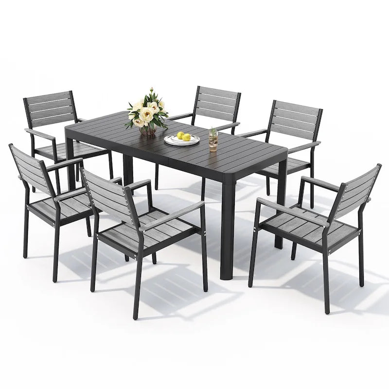 Juego de comedor para patio de 5/7 piezas de aluminio para exteriores, sillas apilables y mesa extensible